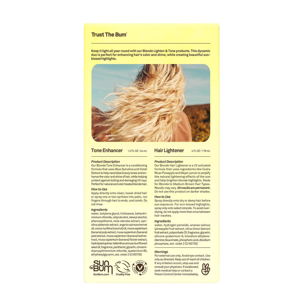Hair after Sun Bum treatment with silky shine and reduced brassiness.