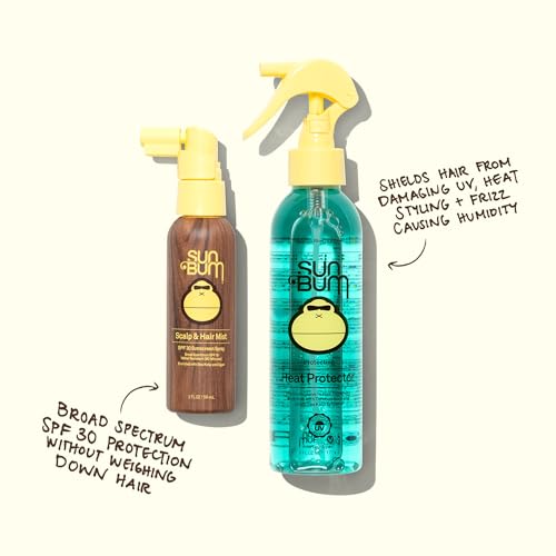 Sun Bum Heat Protector Spray controlando el frizz en cabello.