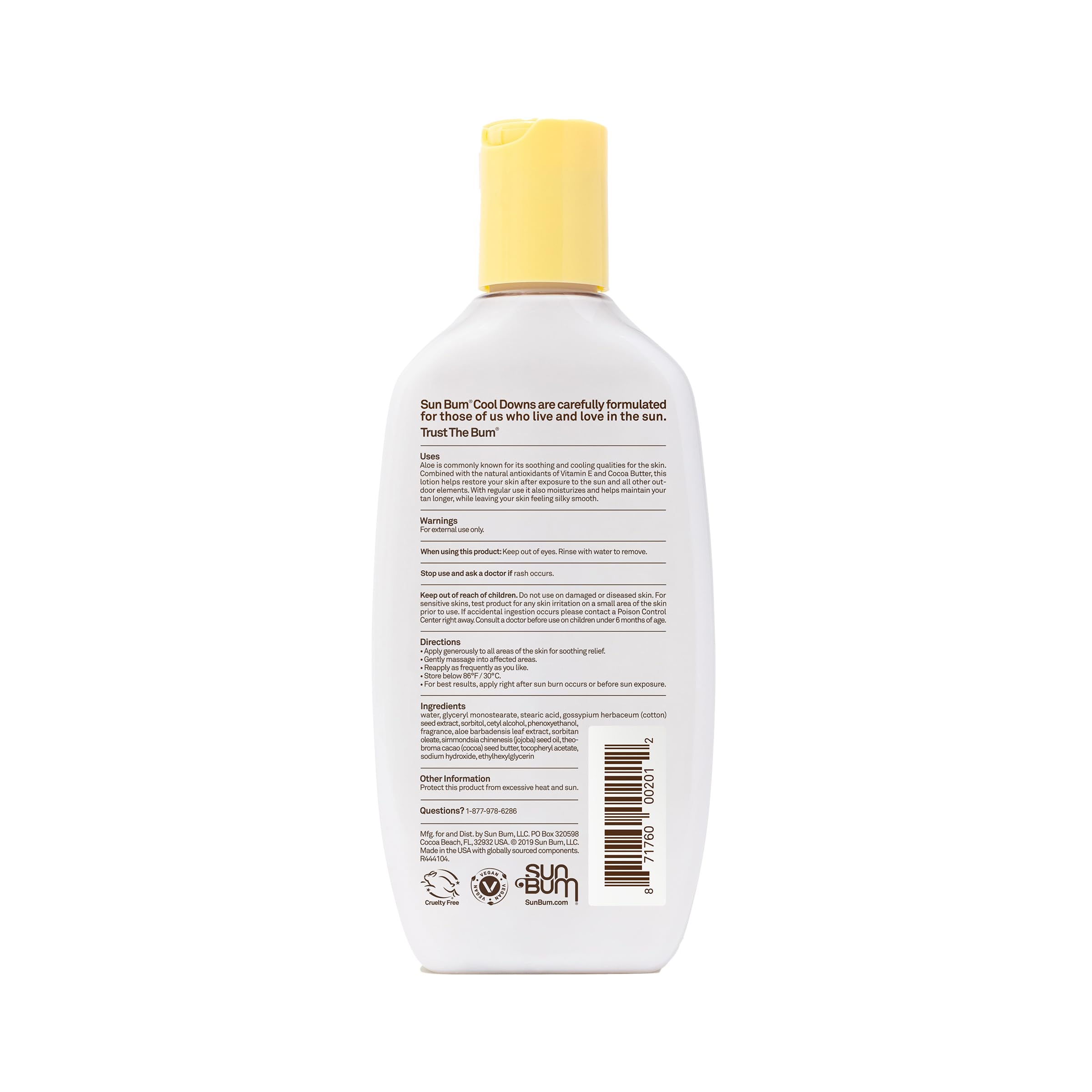 Sun Bum hidratación post-sol con manteca de cacao para piel suave.