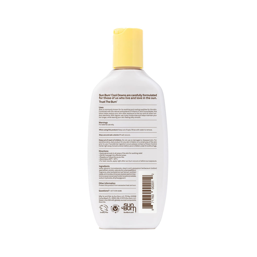 Sun Bum hidratación post-sol con manteca de cacao para piel suave.