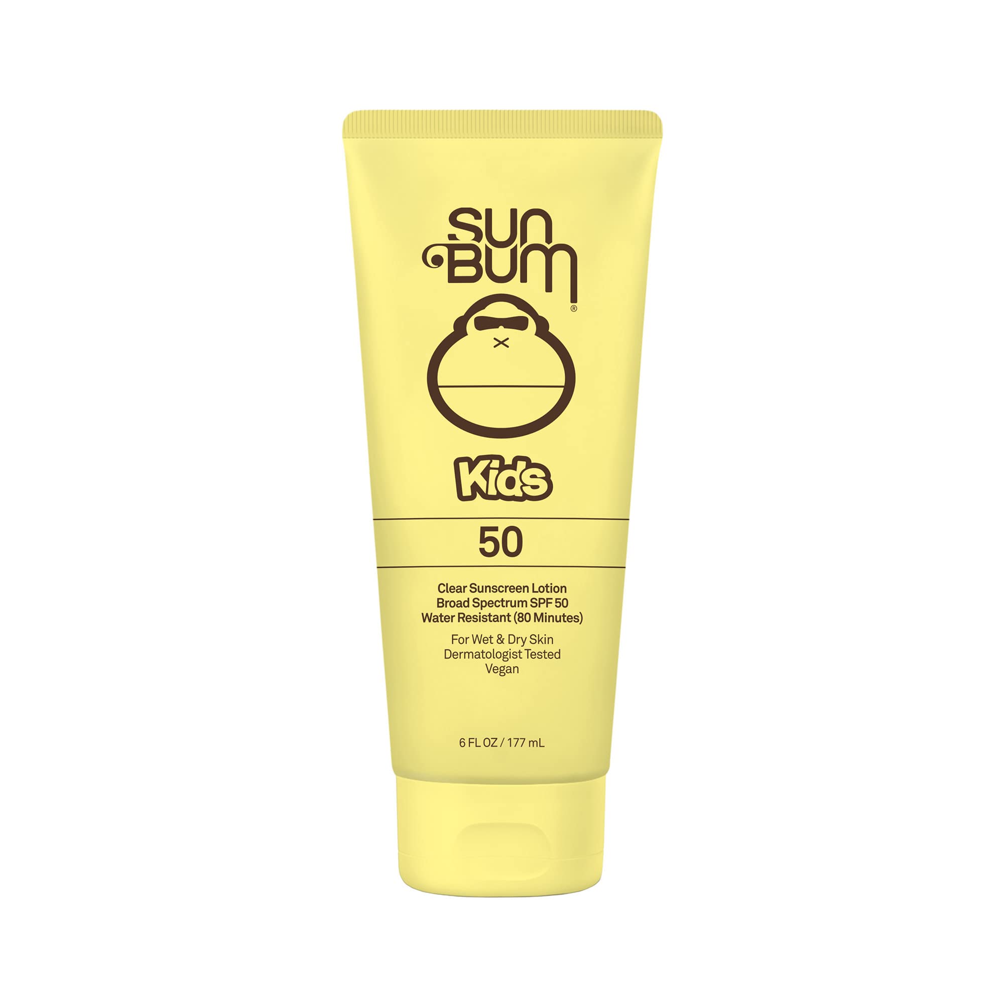 Sun Bum Kids SPF 50 loción clara frente a la botella, protección amplia