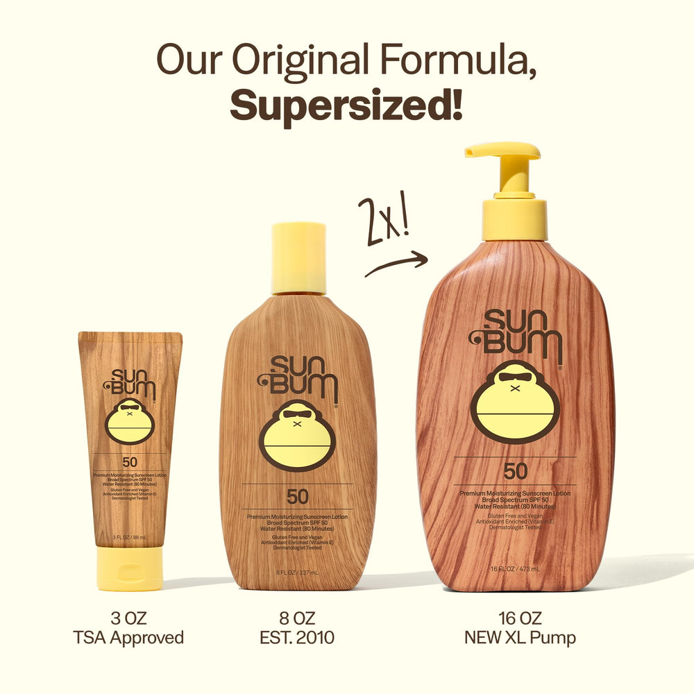 Sun Bum Original SPF 50 with Vitamin E for moisturized skin.