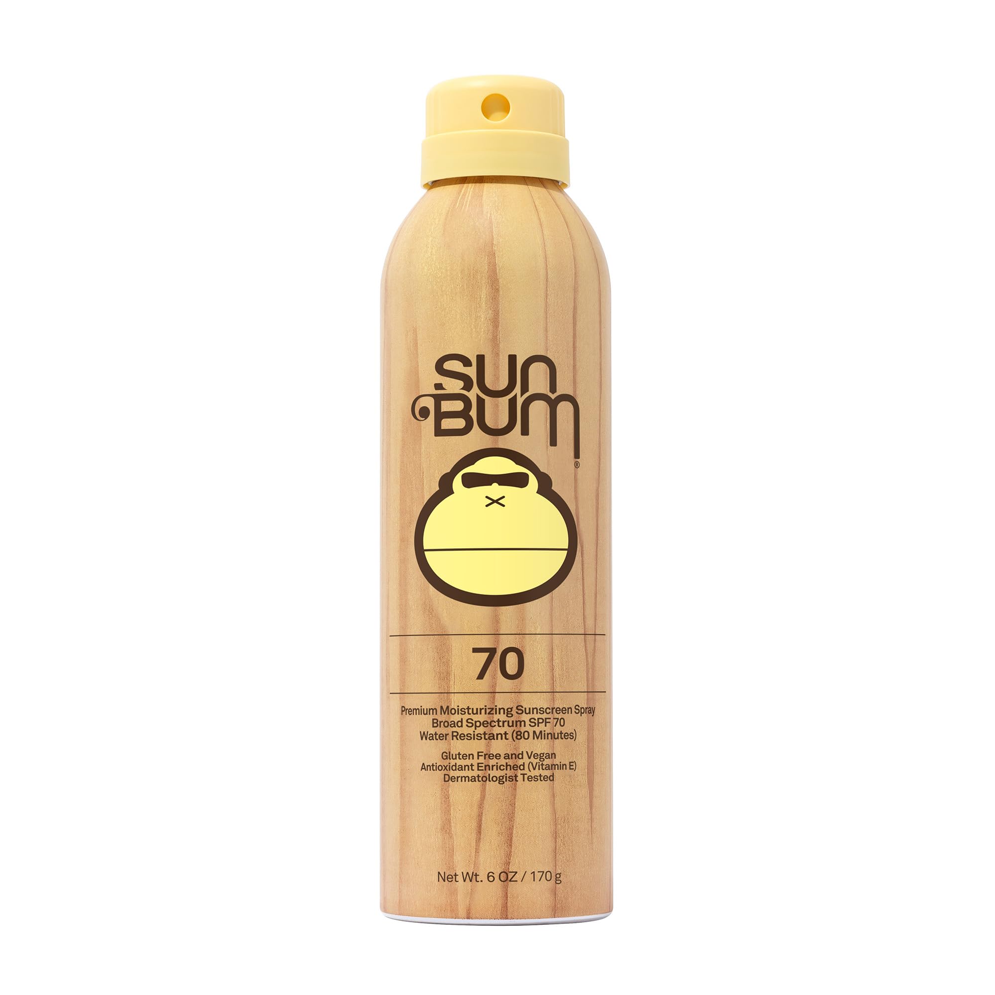 Sun Bum Original SPF 70 spray frente de la botella, aroma veraniego y protección diaria.
