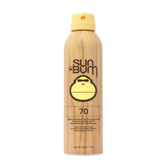 Sun Bum Original SPF 70 spray frente de la botella, aroma veraniego y protección diaria.