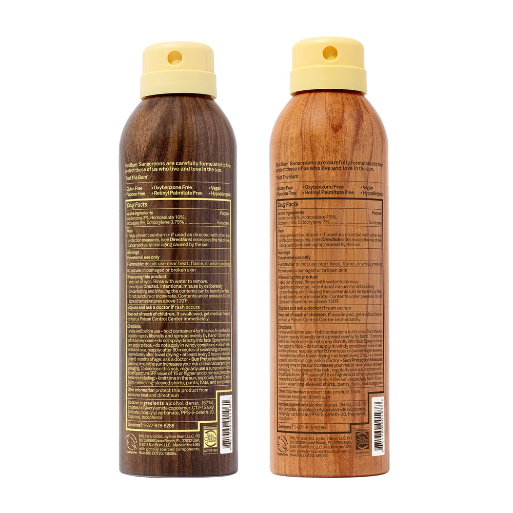 Sun Bum spray with SPF 30 and 50 in a 2-pack on shelf