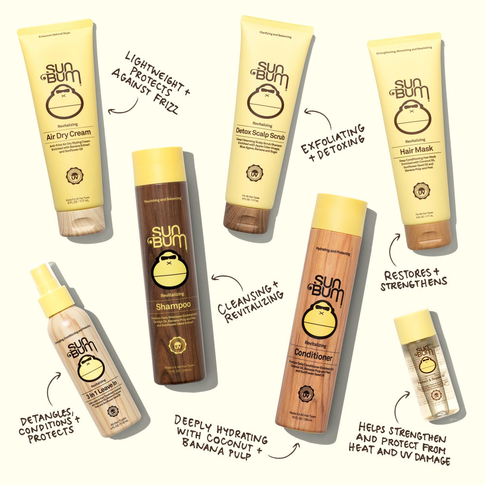 Sun Bum Revitalizing Conditioner bottle showcasing deep hydration and color-lock features.
