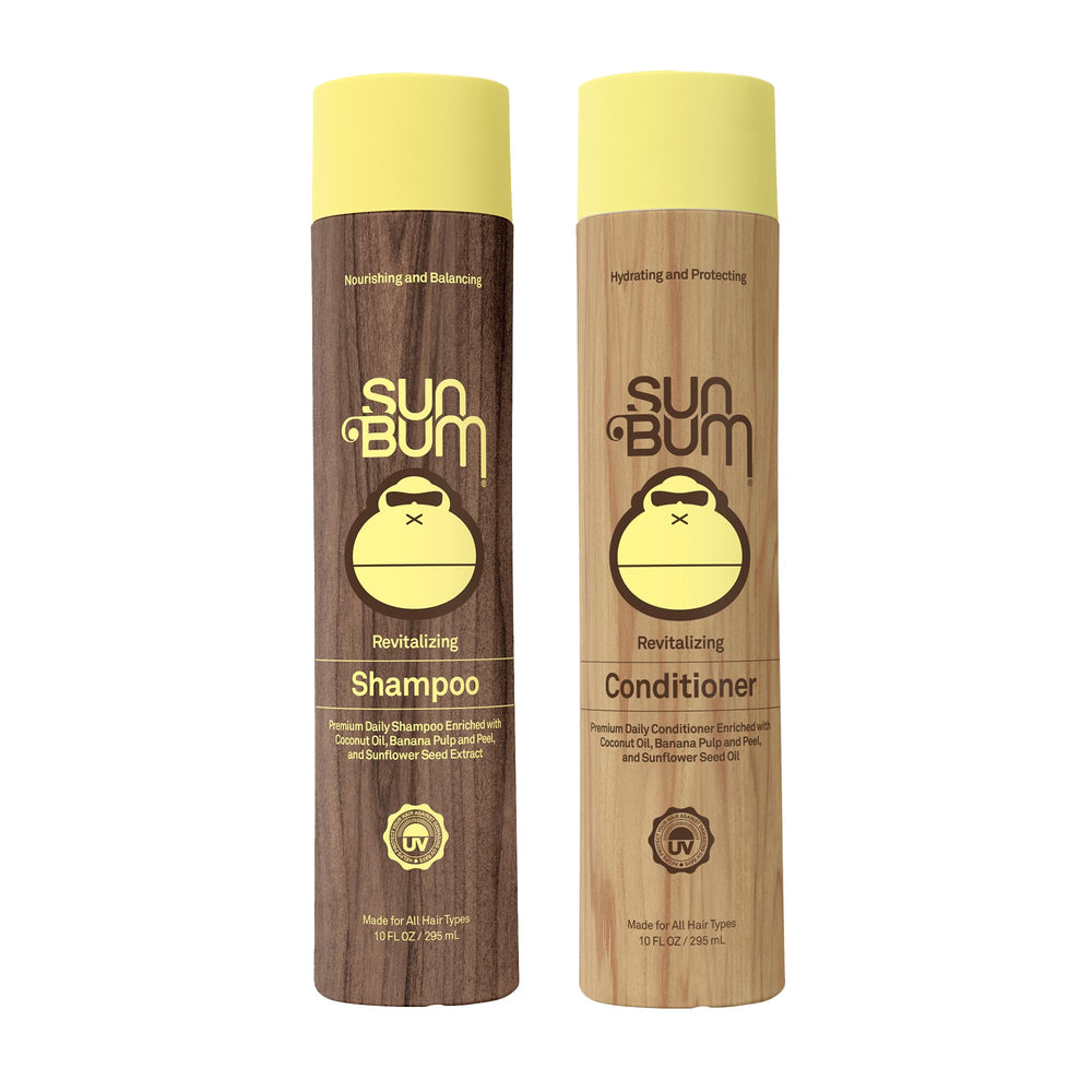Sun Bum Revitalizing Shampoo bottle emphasizing hydration for color-treated and frizz-prone hair.