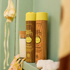 Sun Bum Revitalizing Shampoo close-up on silky, shiny hair after use.