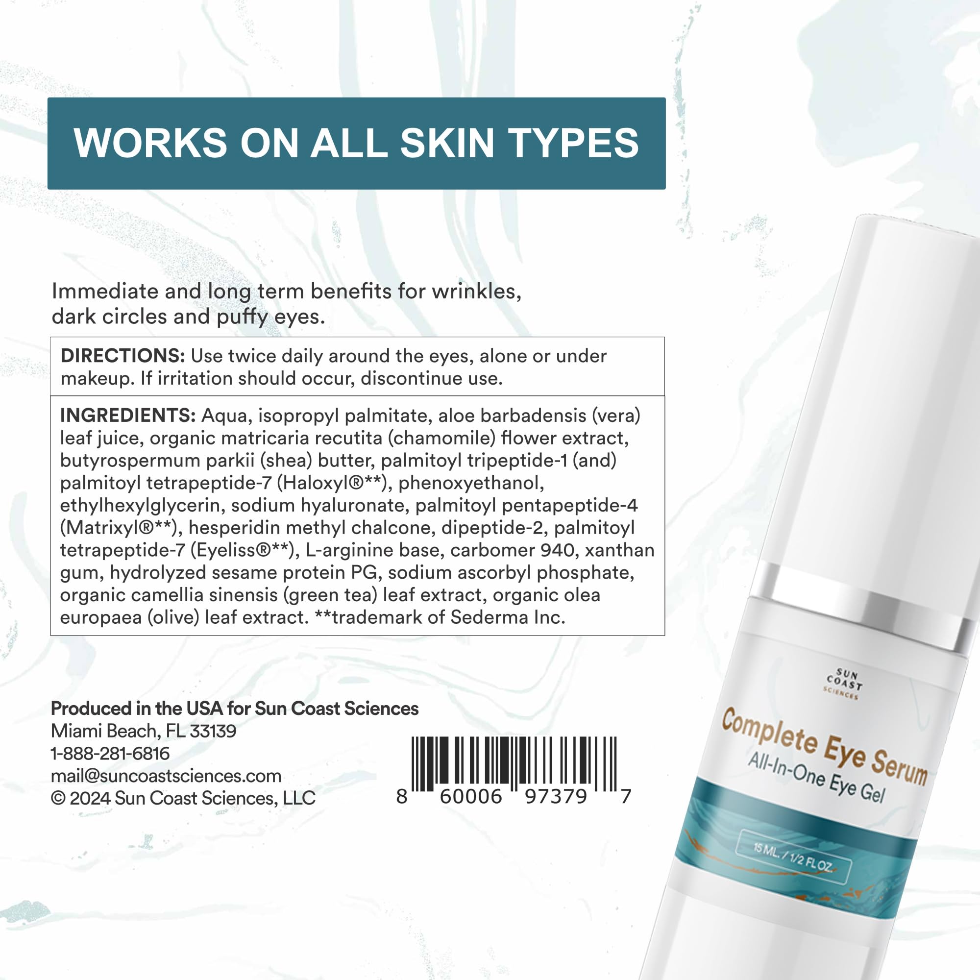 SUN COAST SCIENCES Complete Eye Serum glass bottle with clear labeling for daily hydration