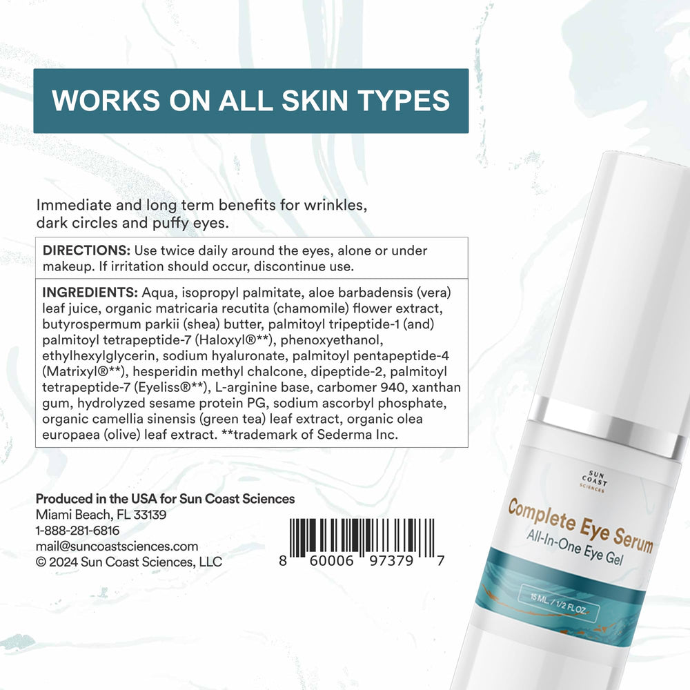 SUN COAST SCIENCES Complete Eye Serum glass bottle with clear labeling for daily hydration