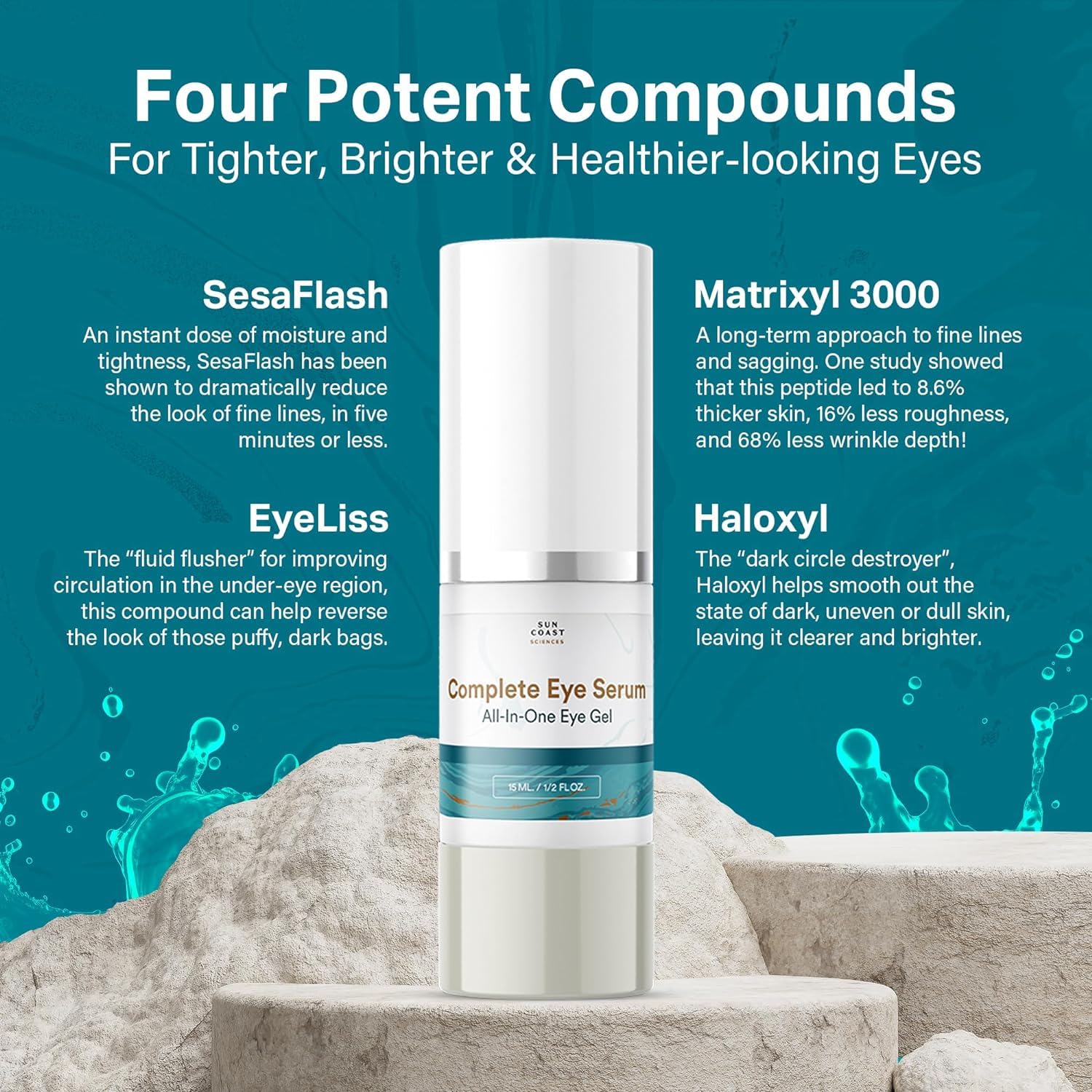 SUN COAST SCIENCES Complete Eye Serum with peptides and hyaluronic acid delivers hydration