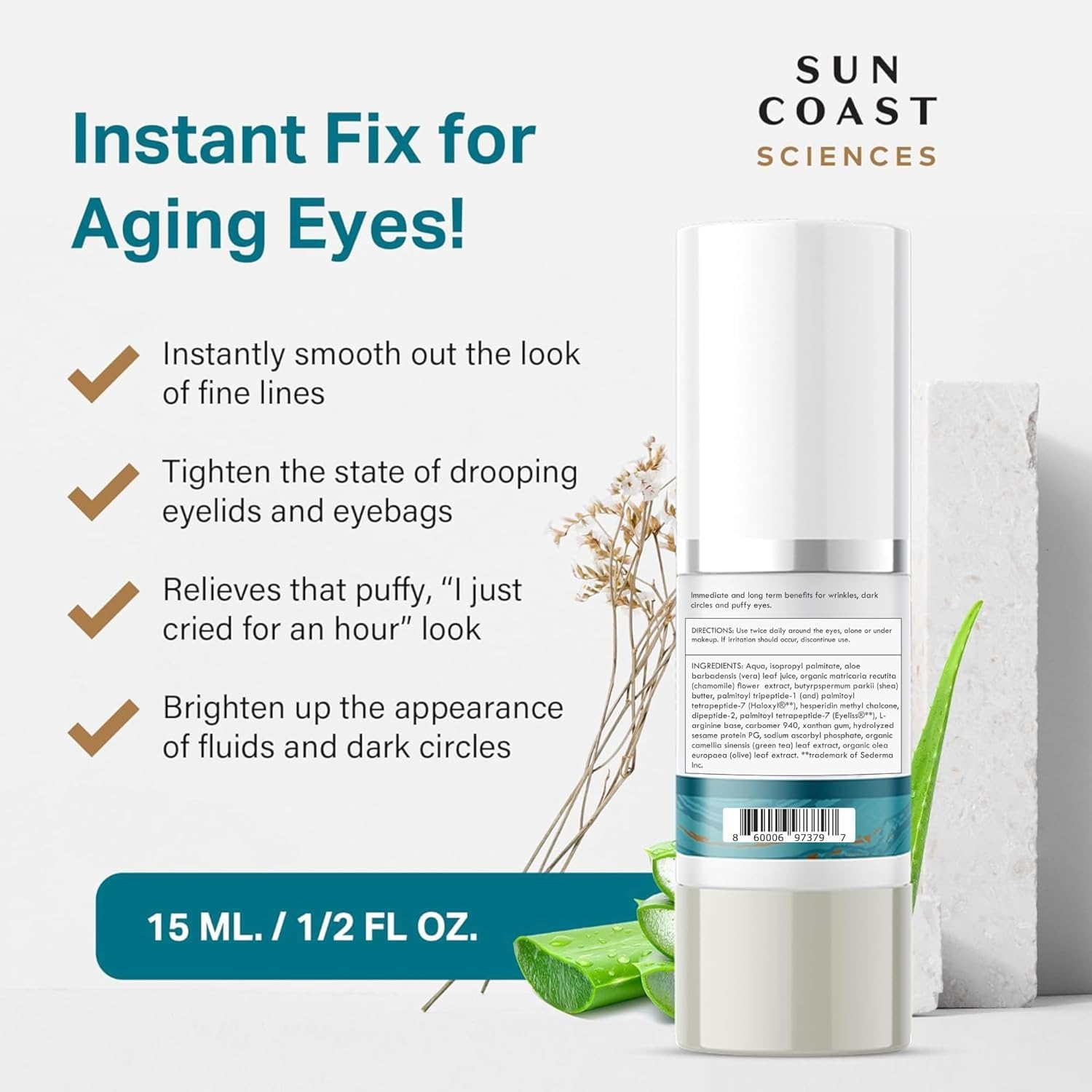 SUN COAST SCIENCES Complete Eye Serum pump dispenses lightweight, quick-absorbing treatment