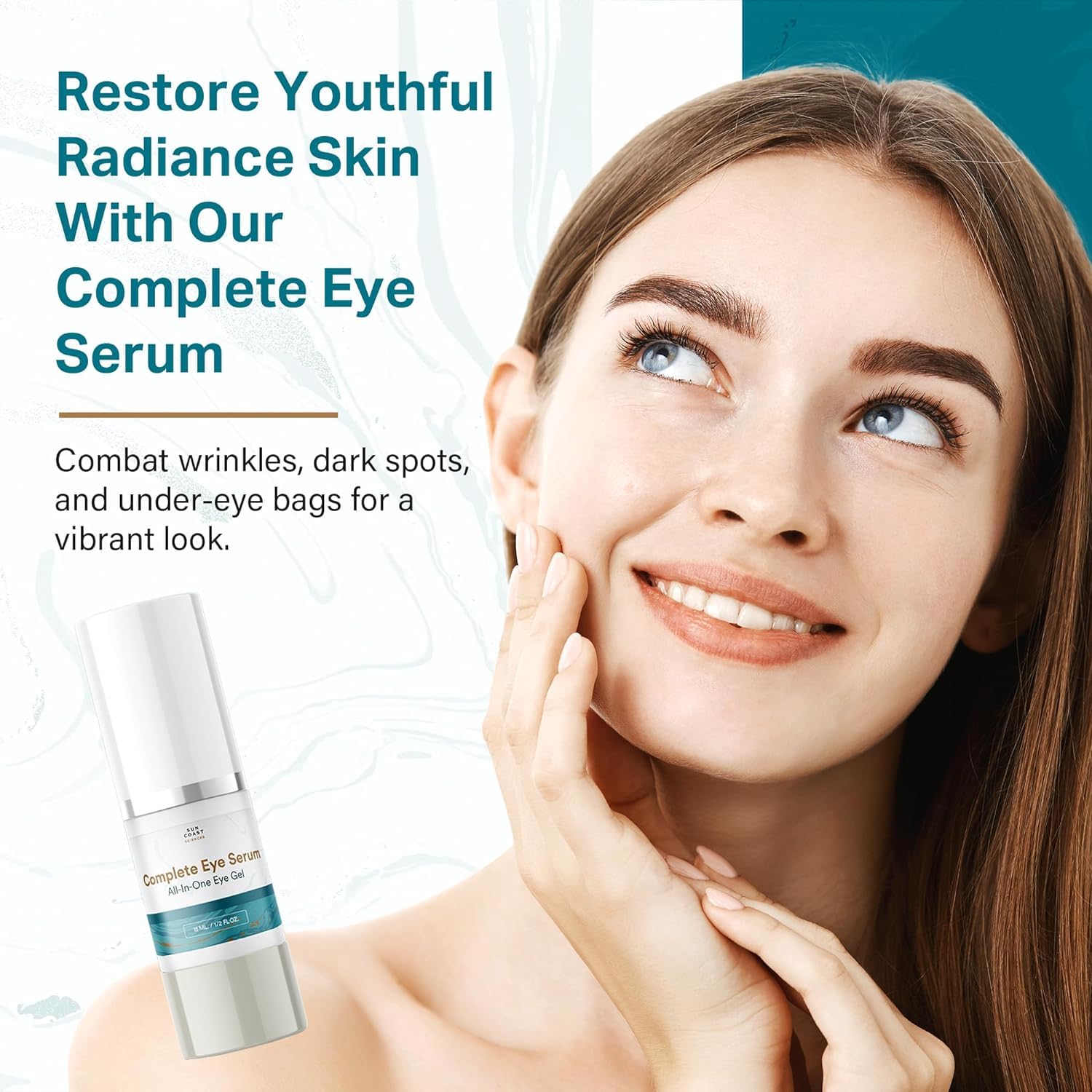 Under eye application of SUN COAST SCIENCES Complete Eye Serum shows gentle tapping for absorption