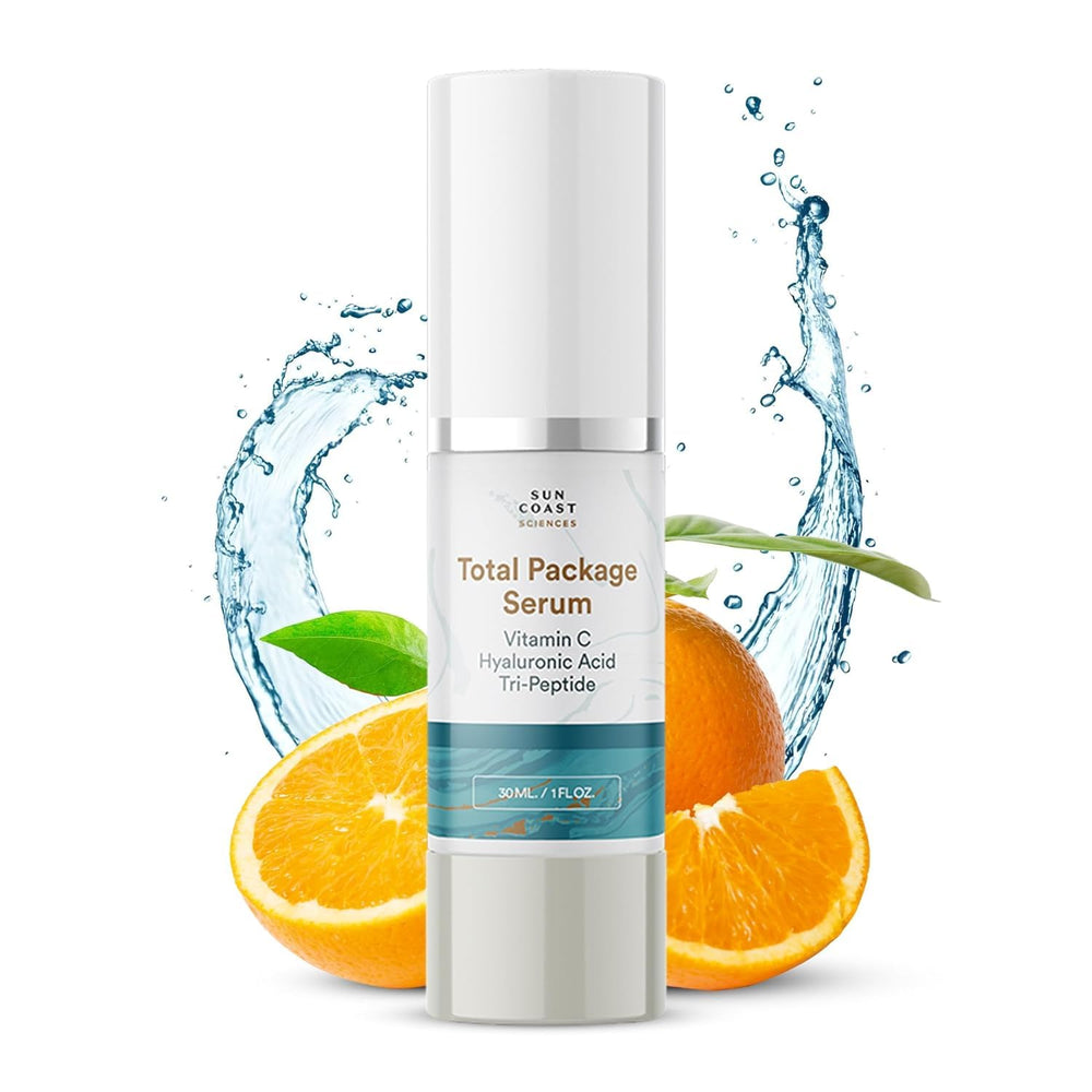 Sun Coast Sciences Total Package Serum bottle pour shows fast absorption for daily hydration