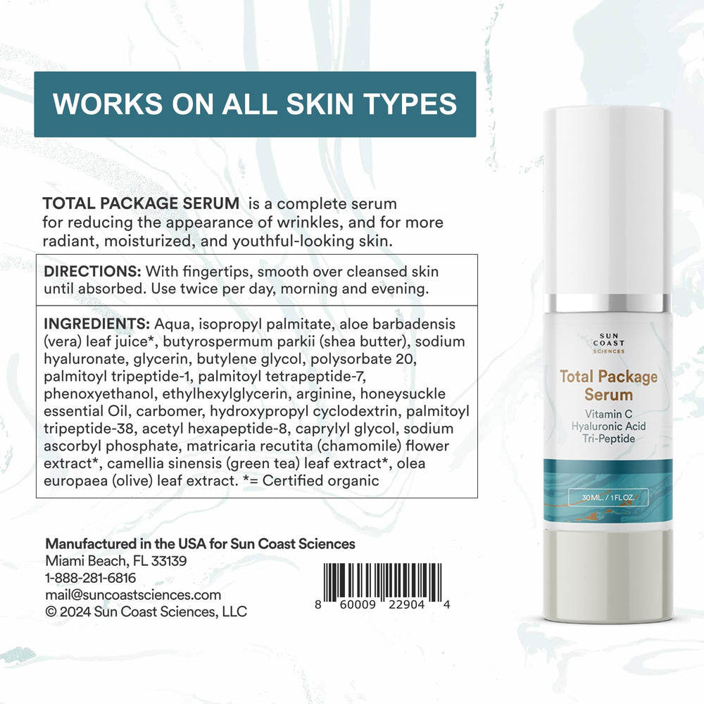 Sun Coast Sciences Total Package Serum ingredients reveal hyaluronic acid and vitamin C benefits