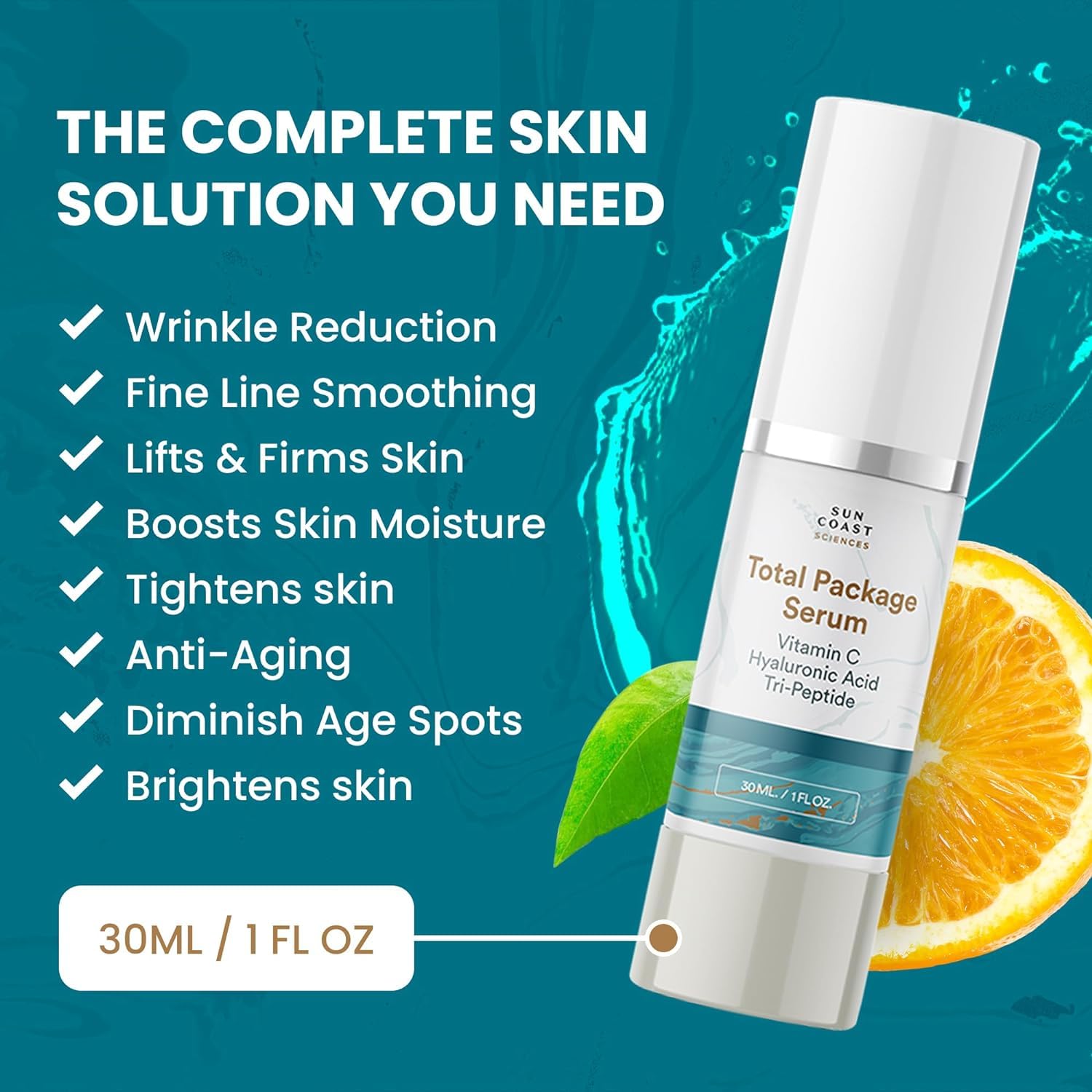Sun Coast Sciences Total Package Serum texture swatch emphasizes lightweight, non greasy feel