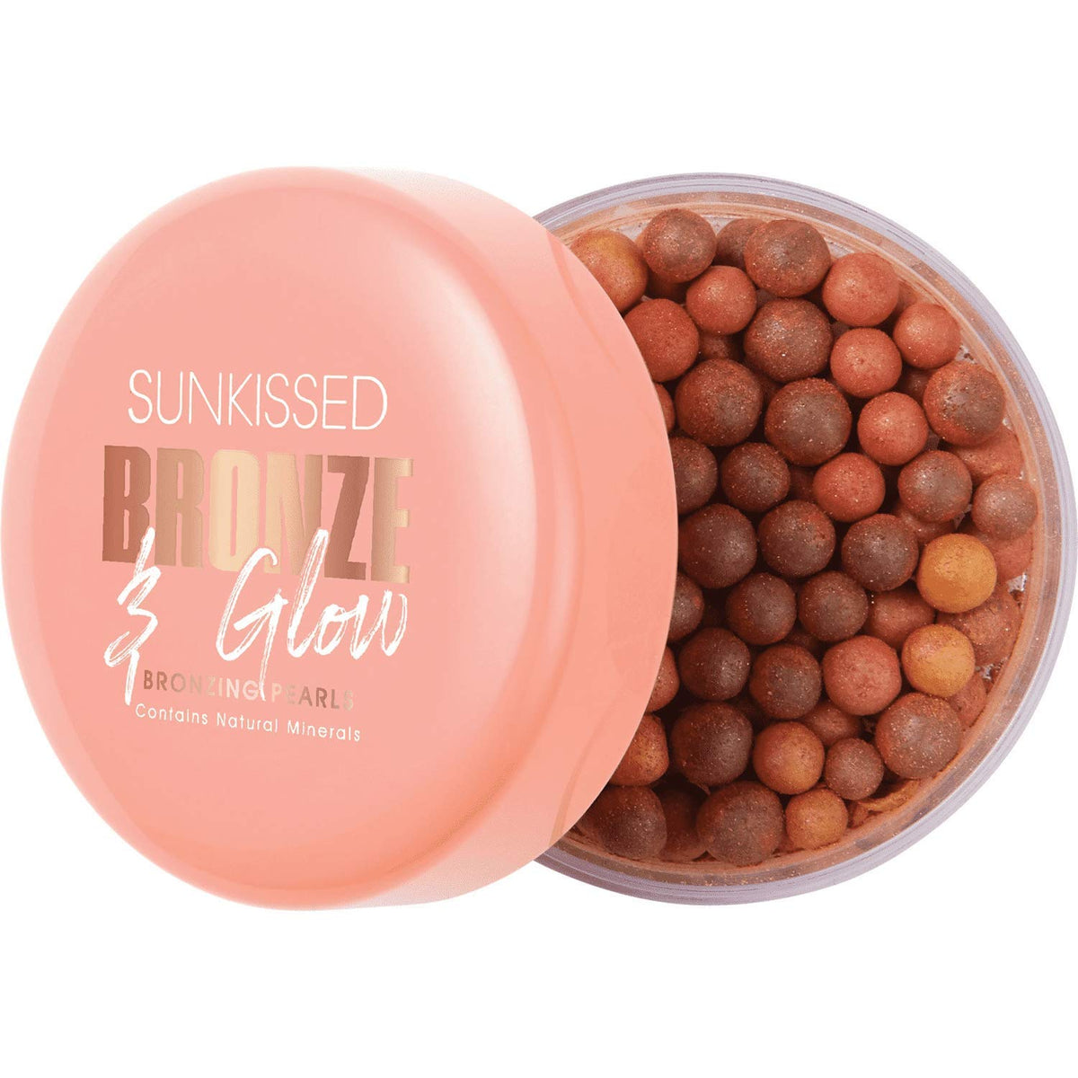 Sun Kissed Perlas Bronceadoras en frasco para un brillo natural en rostro, cuello y hombros.