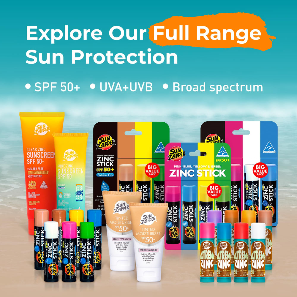 Sun Zapper Zinc Oxide Stick blanco: cobertura visible sin manchas.