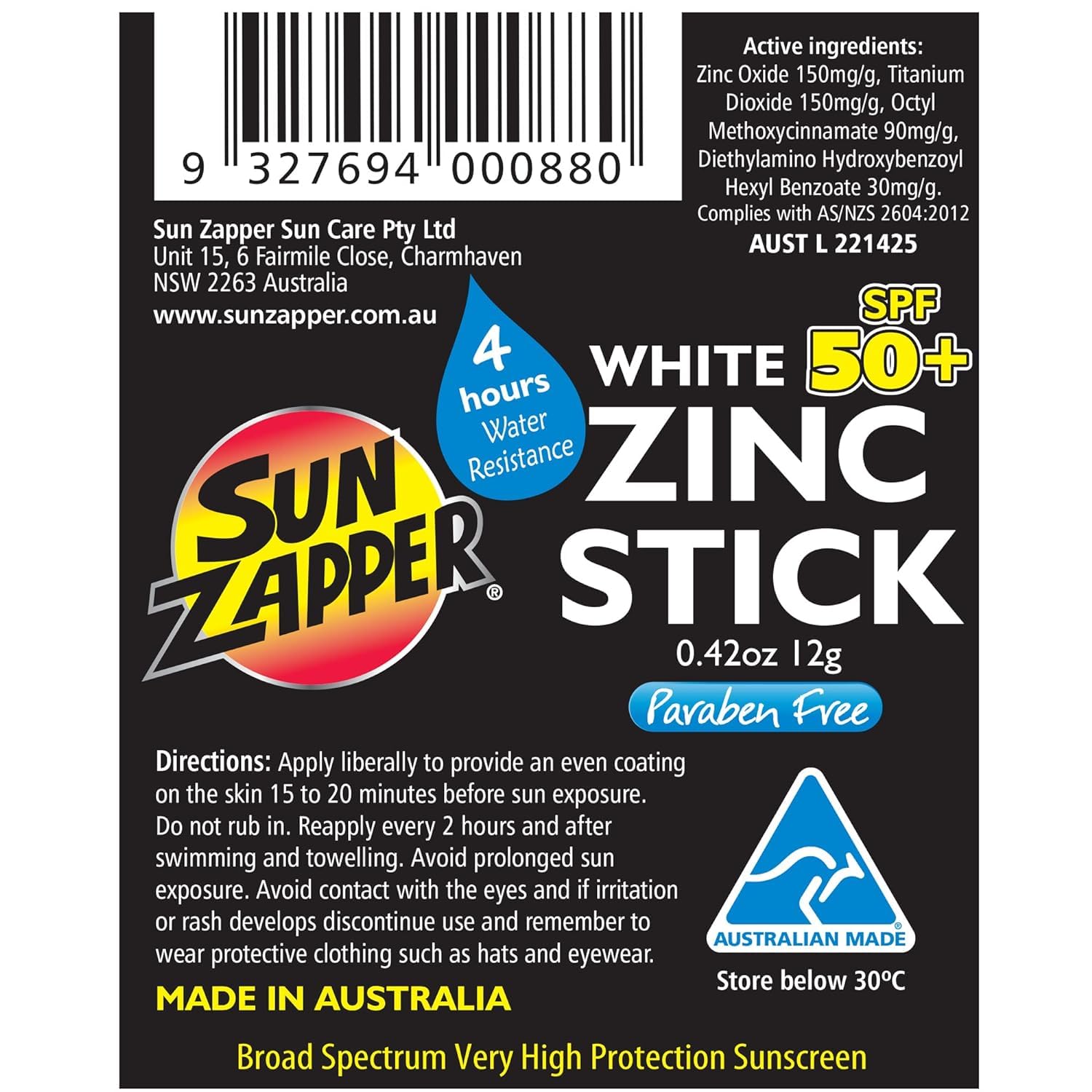 Sun Zapper Zinc Oxide Stick resistente al agua para actividades al aire libre.