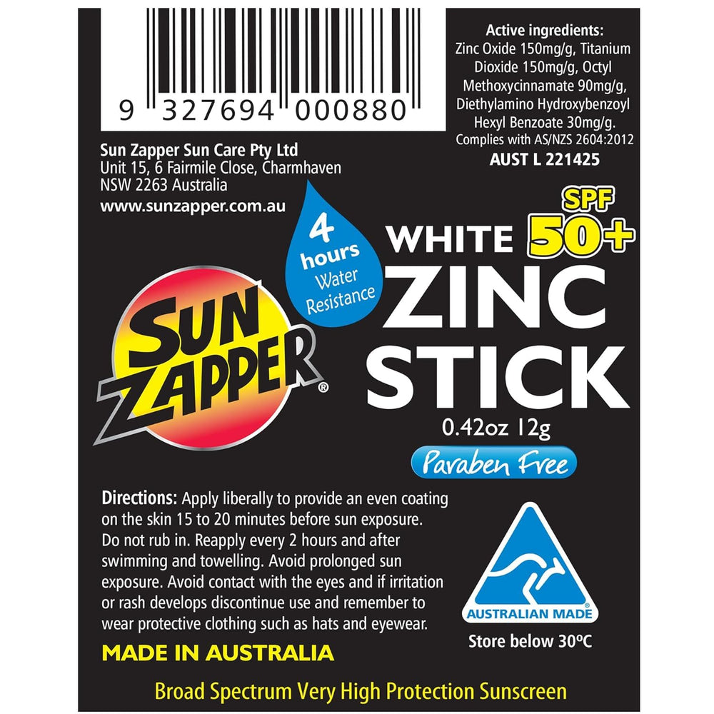 Sun Zapper Zinc Oxide Stick resistente al agua para actividades al aire libre.