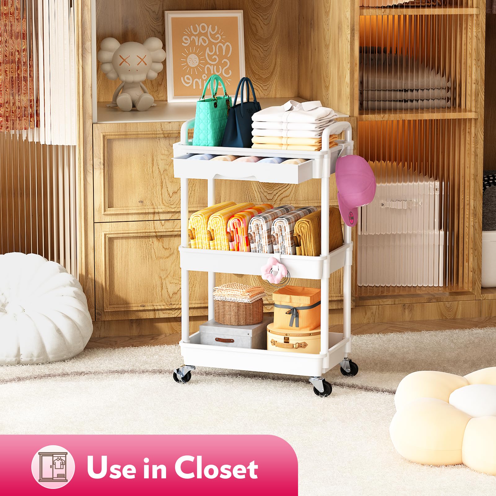 SUNALLY bathroom vanity cart in a bright setting for cosmetics organization.