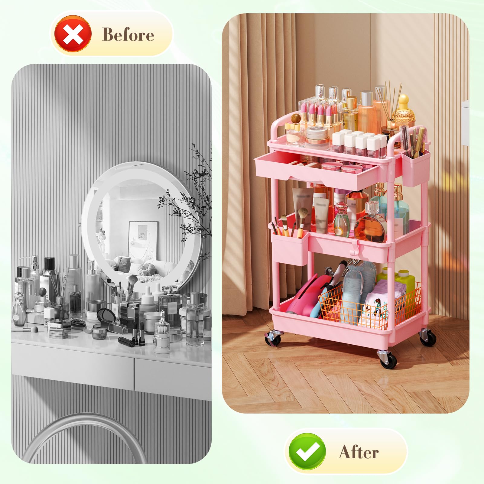 SUNALLY floor or countertop storage fits bathrooms, bedrooms, and desks.