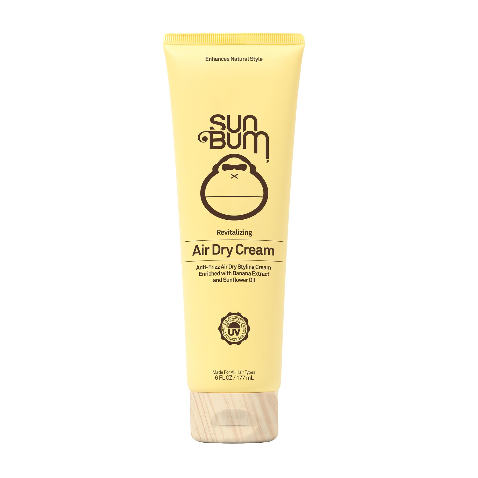 Sun Bum crema secado al aire, botella frontal, cuidado suave para el cabello.