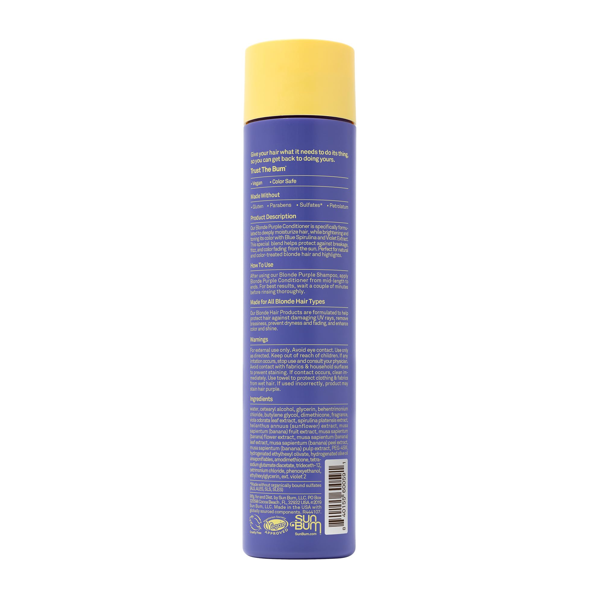 Sun Bum Acondicionador Rubio Purple – etiqueta y frente del envase inspirados en playa