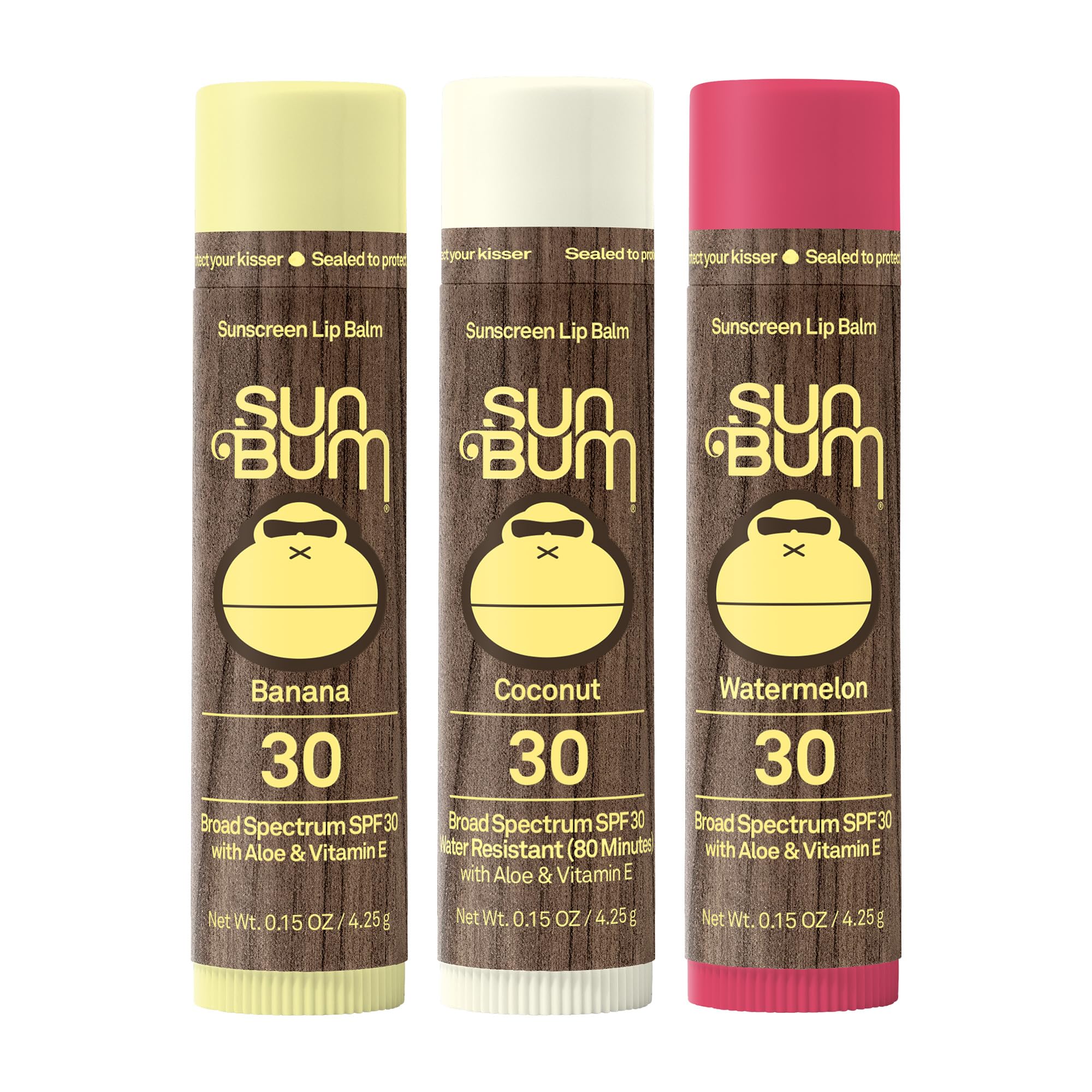 Sun Bum SPF 30 lip balm on beach scene suggests everyday sun protection.