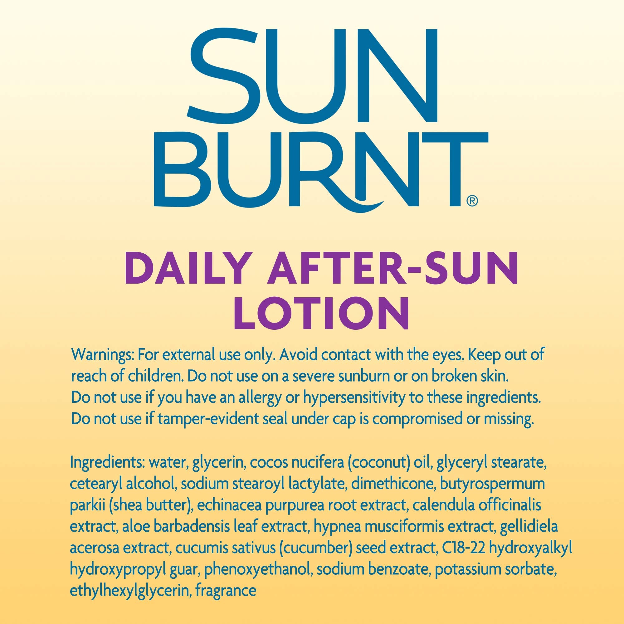 SunBurnt Lotion ingredients featuring coconut oil and cucumber for soothing hydration.
