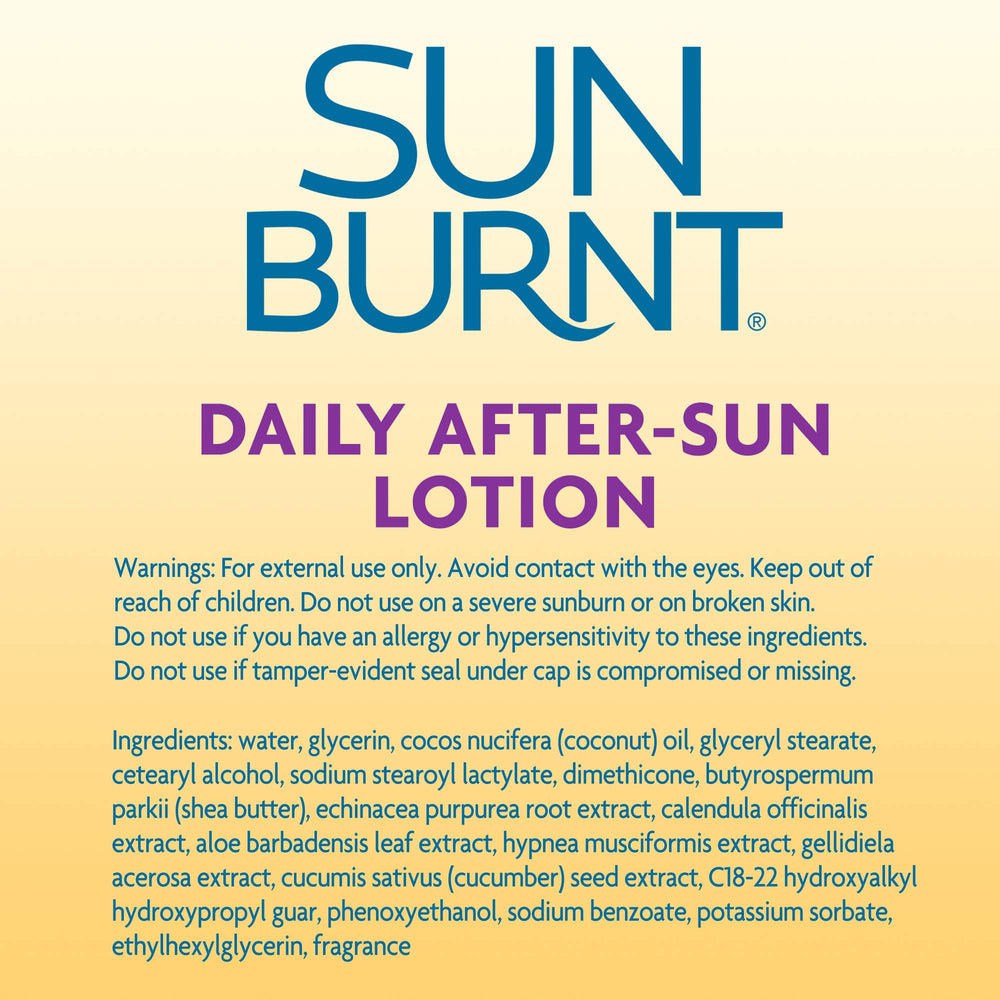 SunBurnt Lotion ingredients featuring coconut oil and cucumber for soothing hydration.