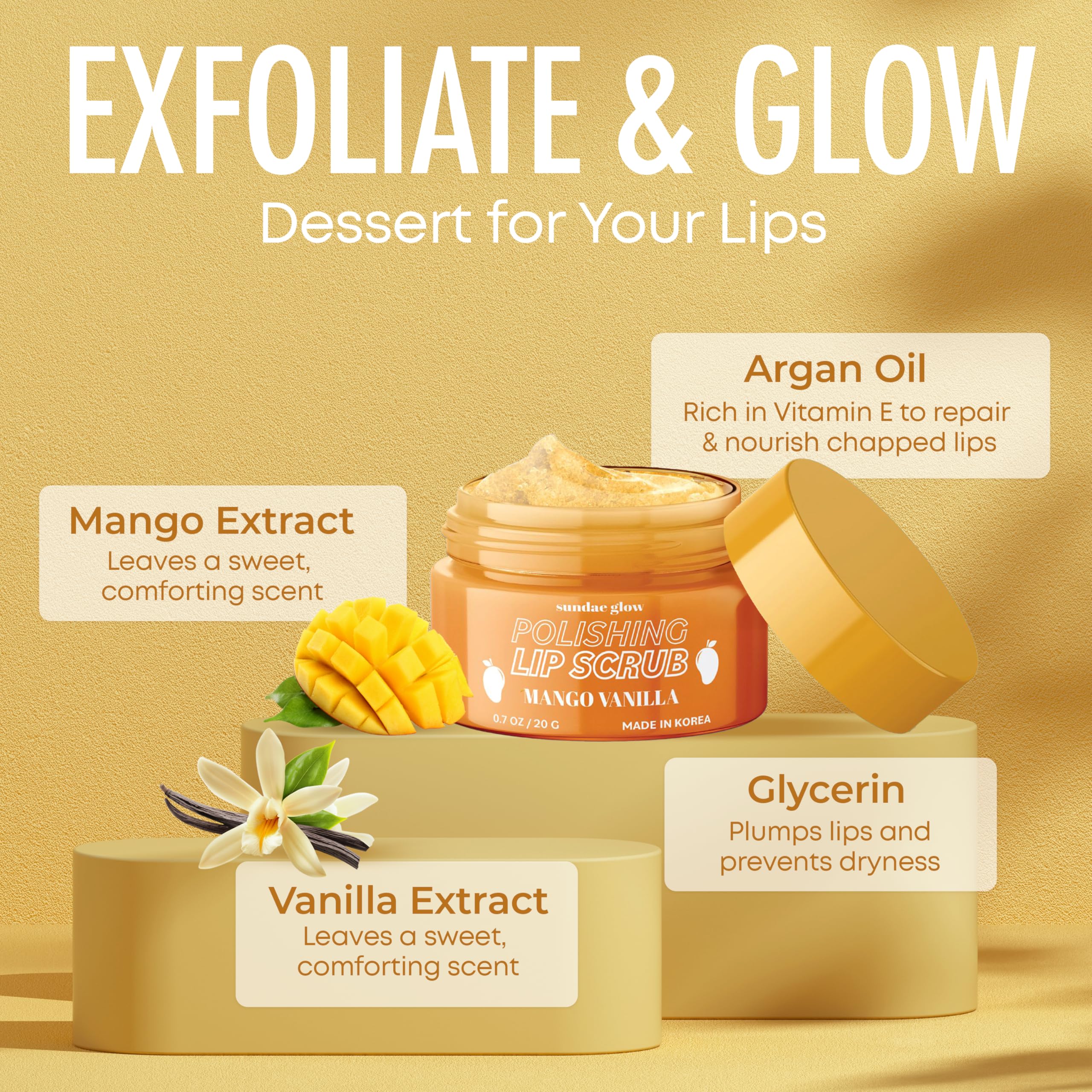 Sundae Glow Lip Scrub ingredients include argan oil and glycerin nourishment.