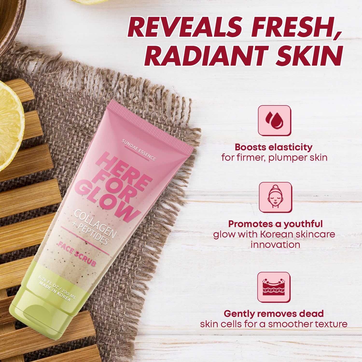 Sunday Essence textura exfoliante suave para piel más suave y radiante.