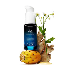 Close-up of Sunday Riley A+ label highlighting stabilized retinoid blends