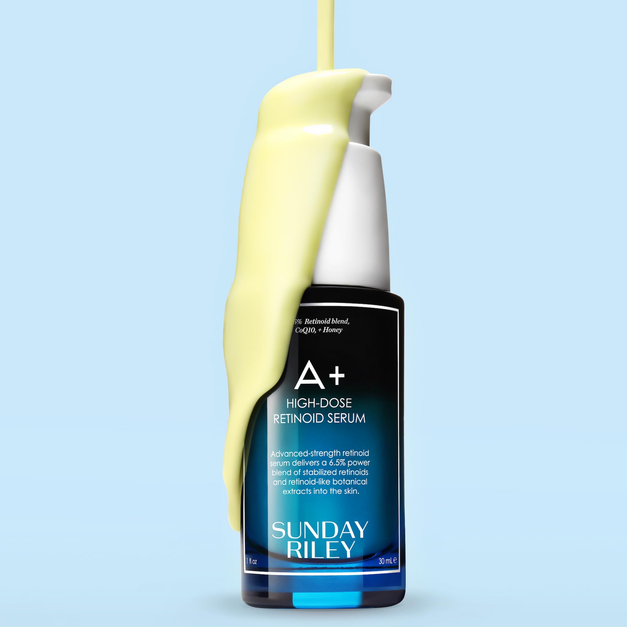 Pump dispenser shown for controlled, easy nightly application of Sunday Riley A+