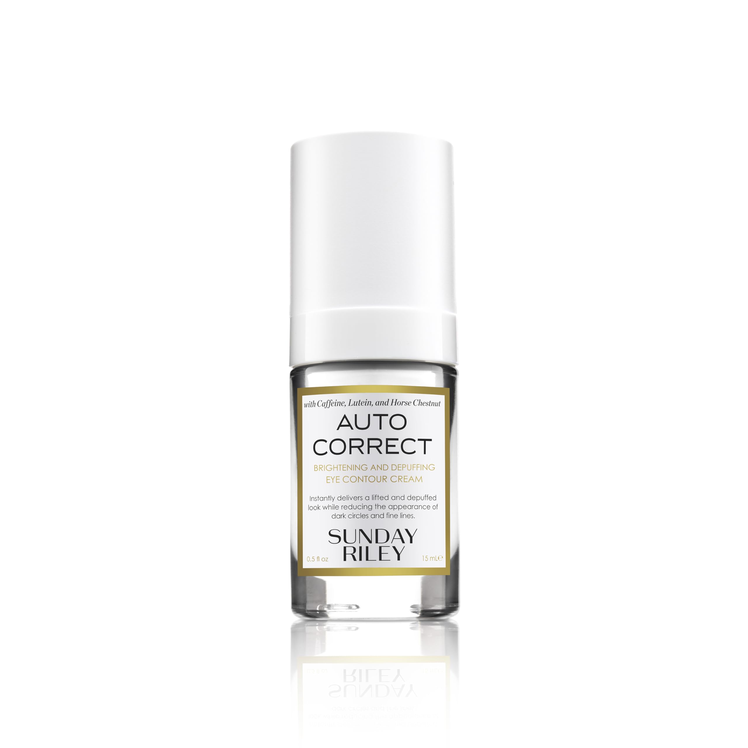 Sunday Riley Auto Correct eye cream bottle closeup shows brightening formula for depuffing
