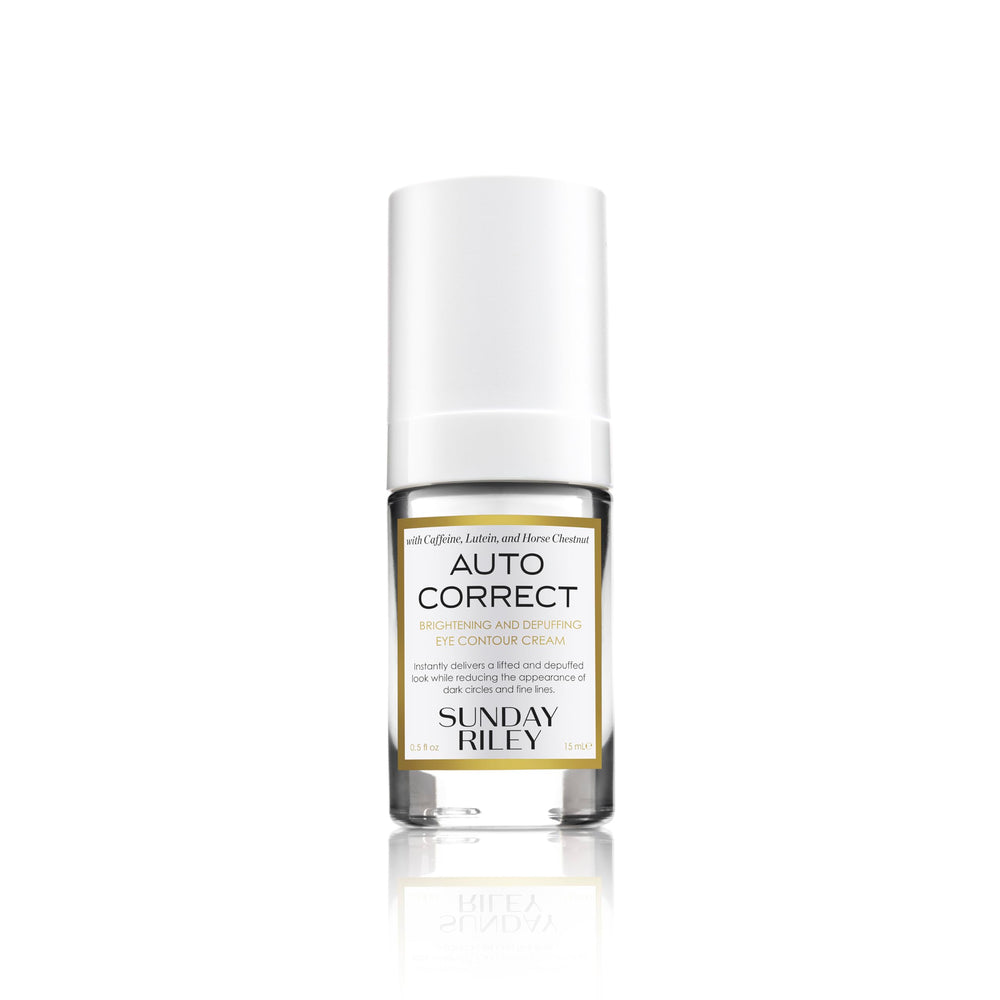Sunday Riley Auto Correct eye cream bottle closeup shows brightening formula for depuffing