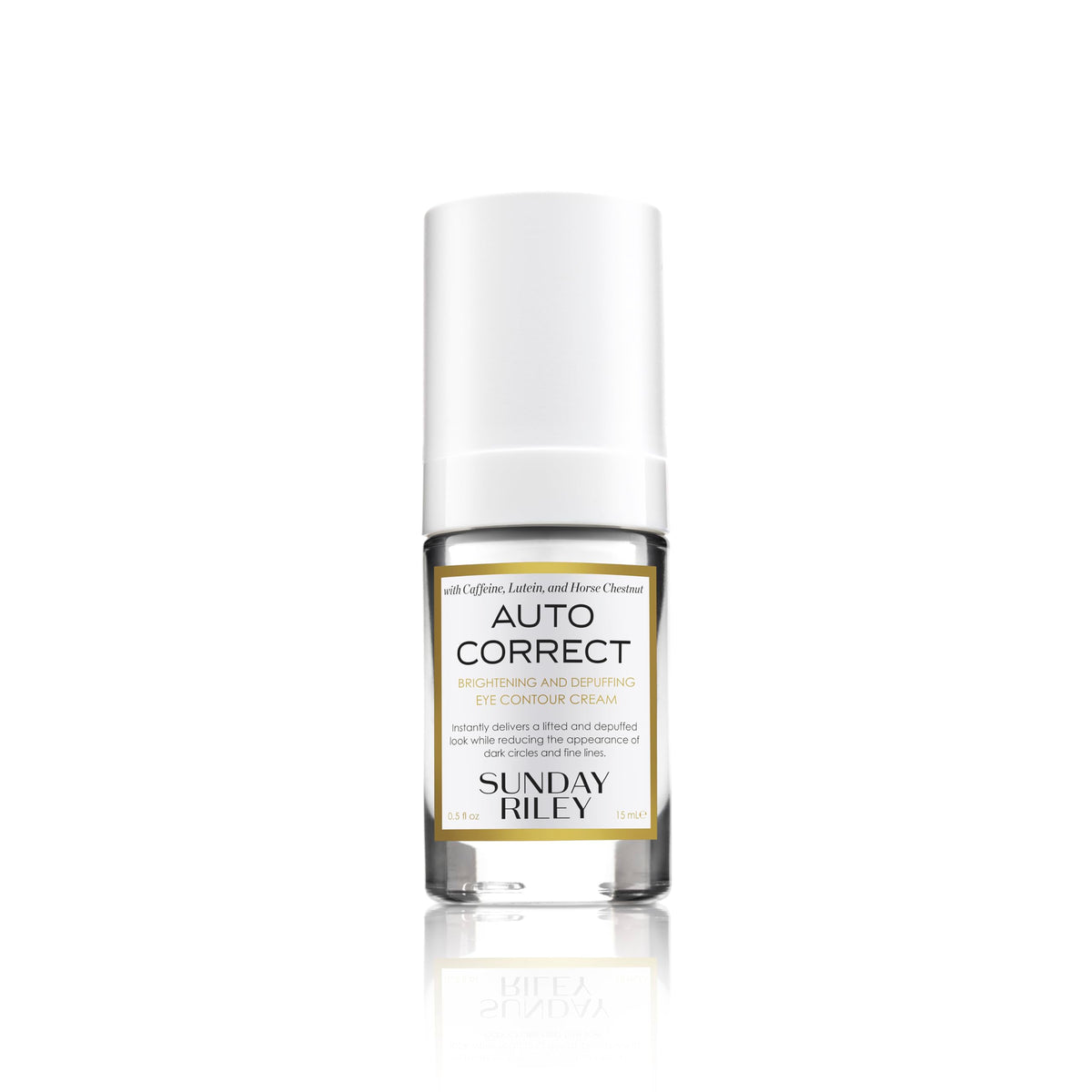Sunday Riley Auto Correct eye cream bottle closeup shows brightening formula for depuffing