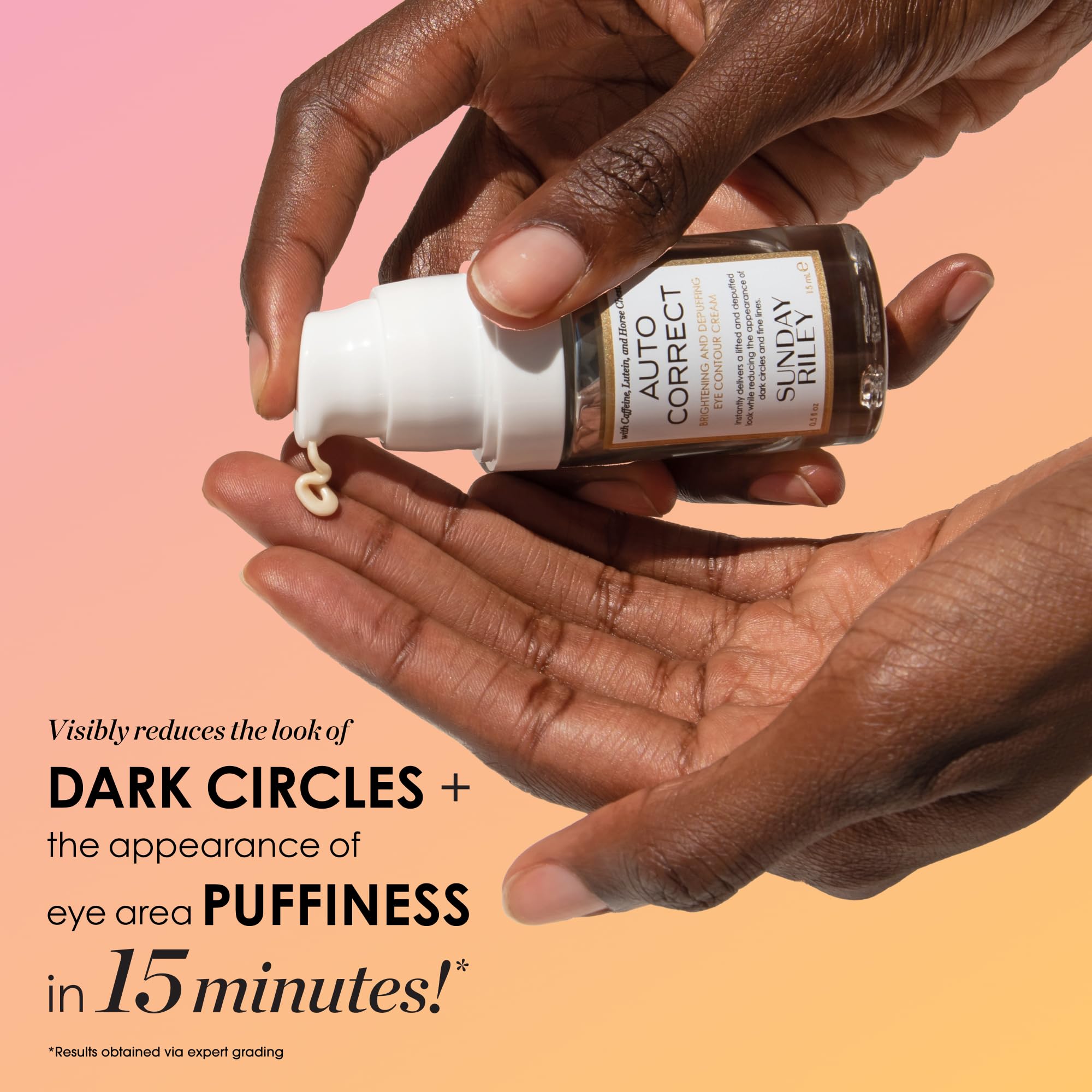 Sunday Riley Auto Correct eye cream on hand showcases lifting and brightening potential