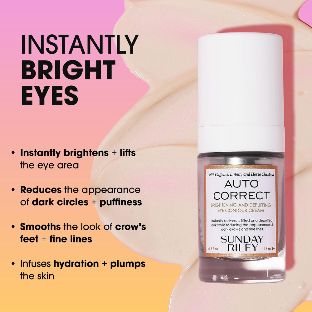 Sunday Riley Auto Correct eye cream tube dispense highlights caffeine energizing puffiness reduction