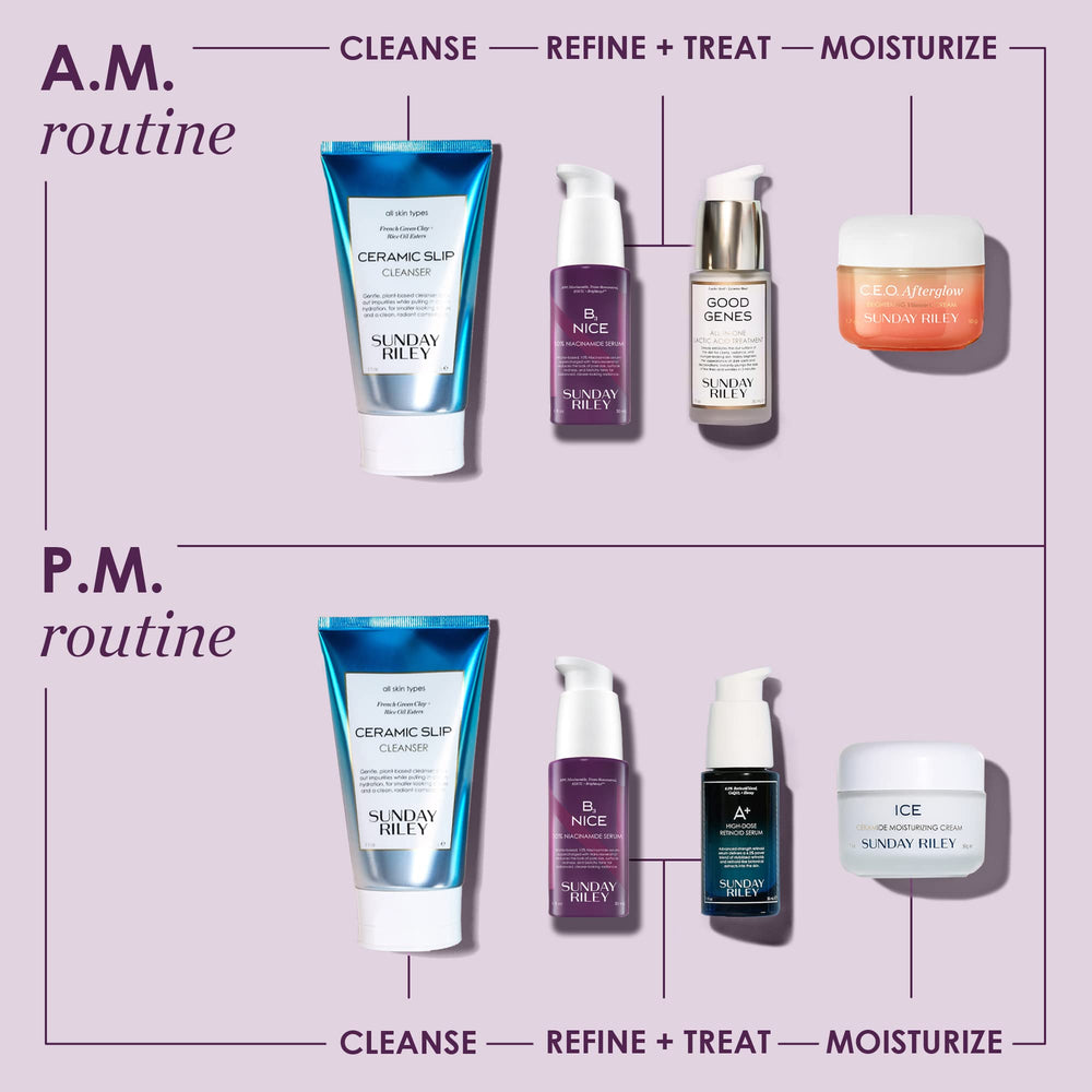 Bathroom counter with Sunday Riley B3 Nice serum during morning routine
