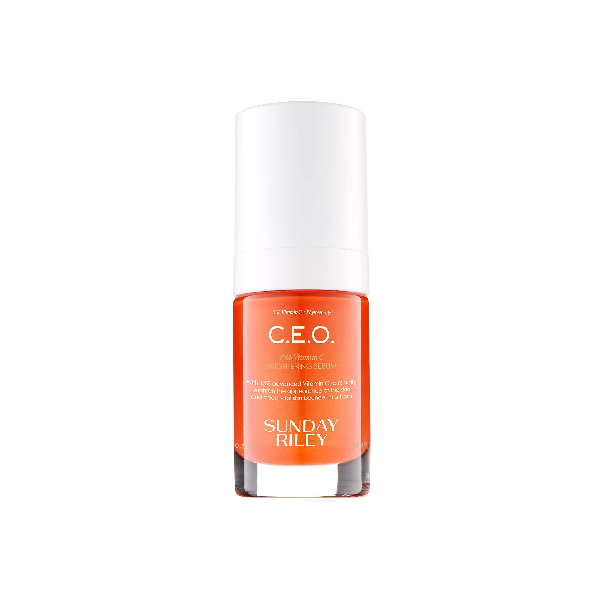 Sunday Riley C.E.O. 15% Vitamin C serum bottle promoting brightening and even tone.