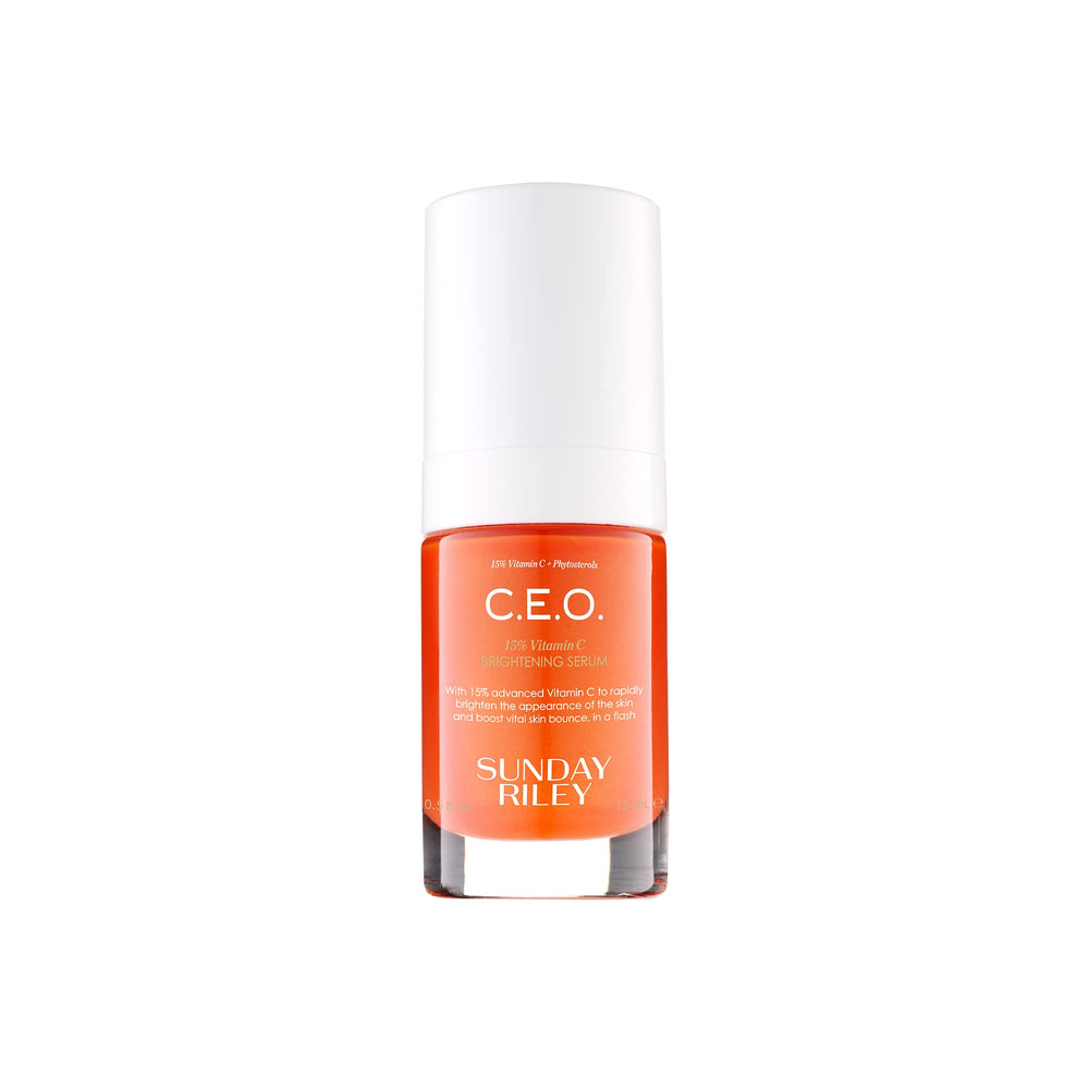 Sunday Riley C.E.O. 15% Vitamin C serum bottle promoting brightening and even tone.