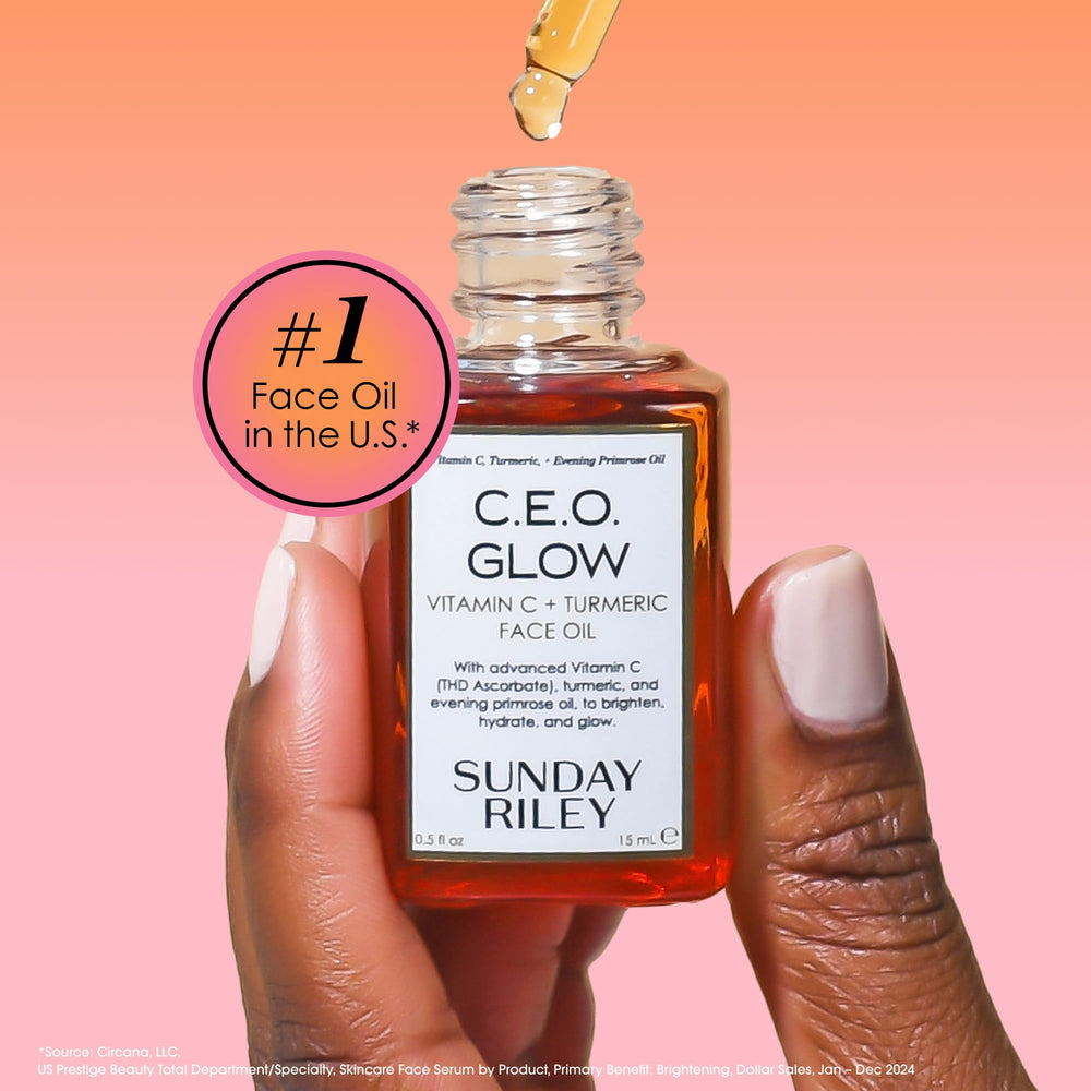 Sunday Riley C.E.O. Glow ingredients with vitamin C and turmeric for even tone
