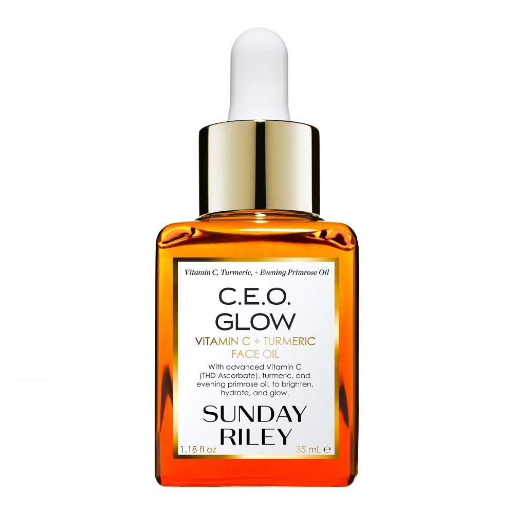 Sunday Riley C.E.O. Glow oil bottle showcases brightening skincare for a radiant look.