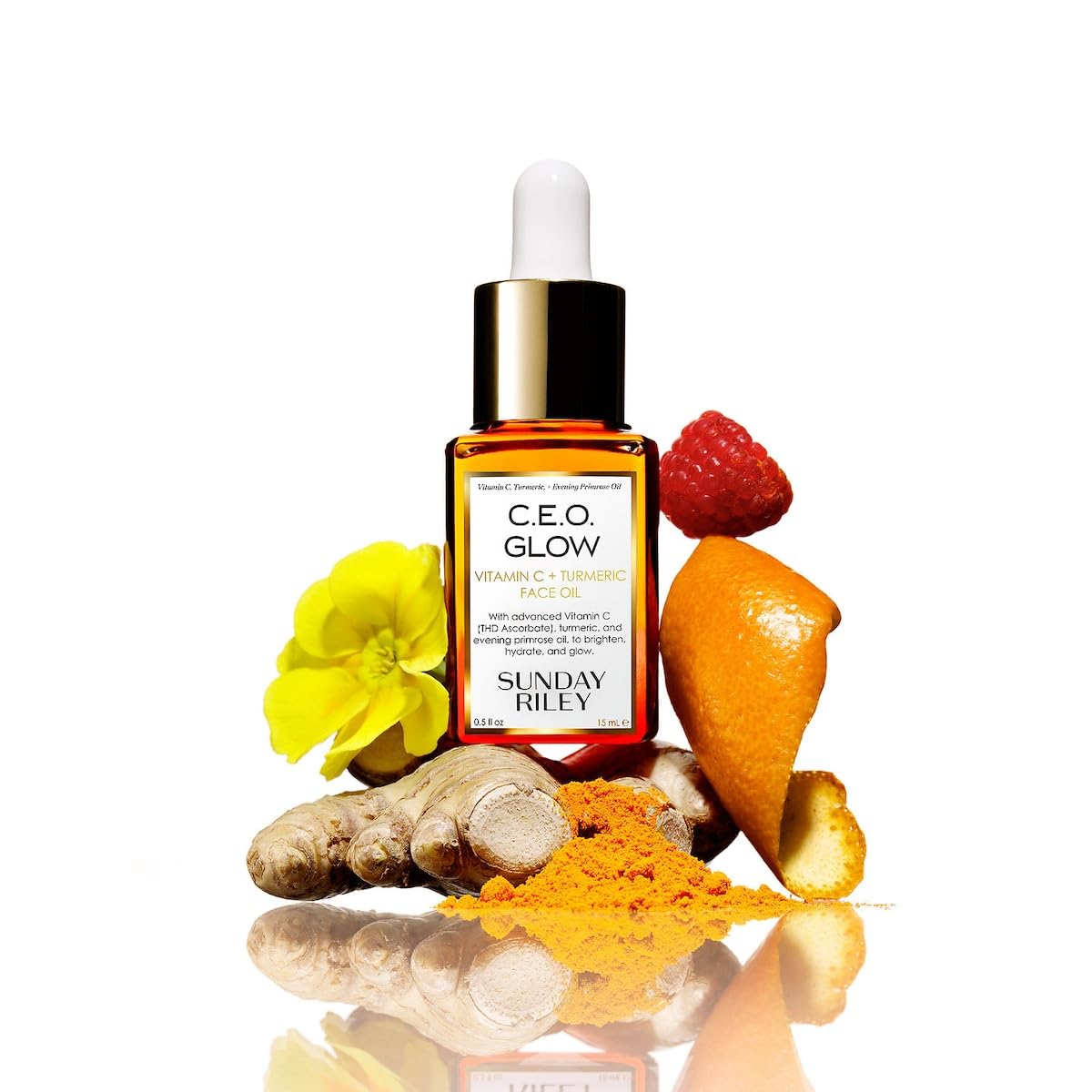 Sunday Riley C.E.O. Glow turmeric-golden essence highlights calming, antioxidant-rich ingredients.