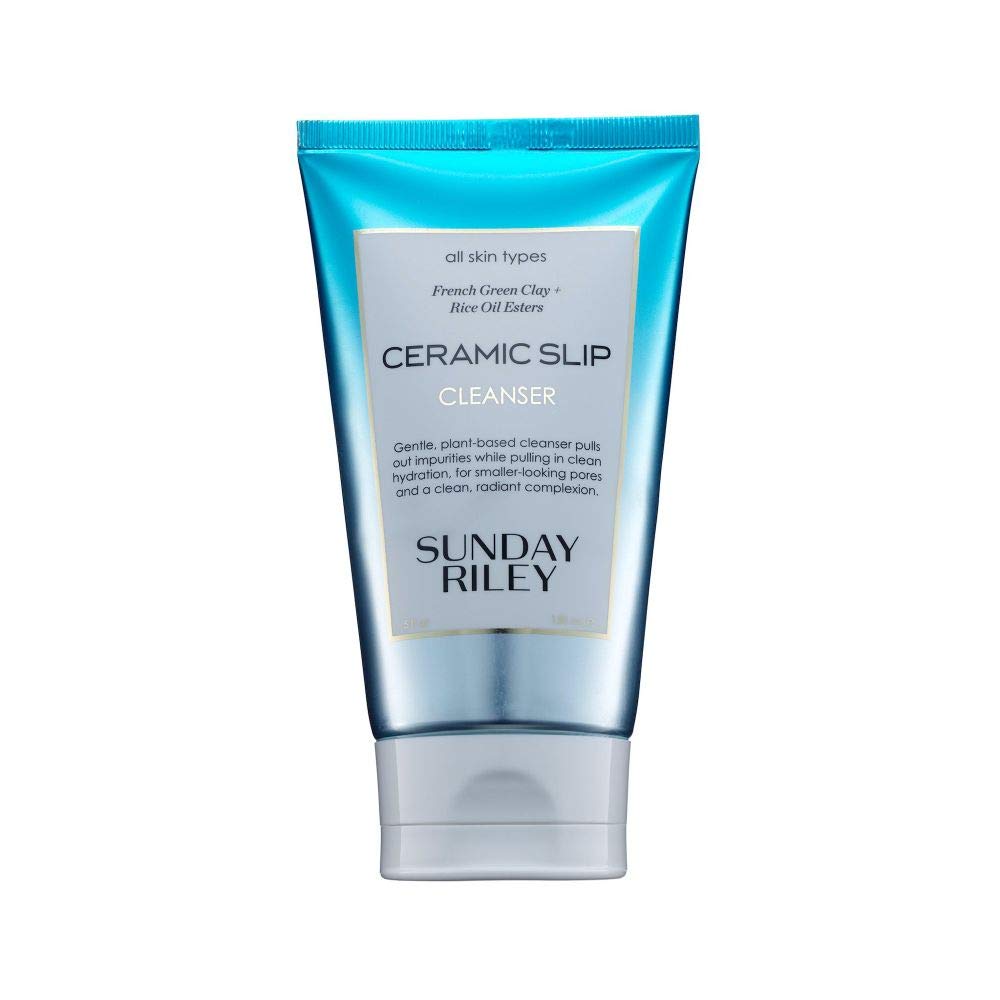 Sunday Riley Ceramic Slip Cleanser bottle pour shows gentle daily cleansing for all skin types