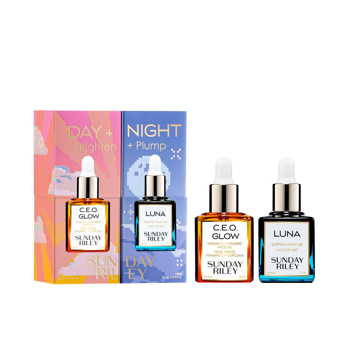 Sunday Riley Day Night Brighten Plump Set bottle shows day-to-night care