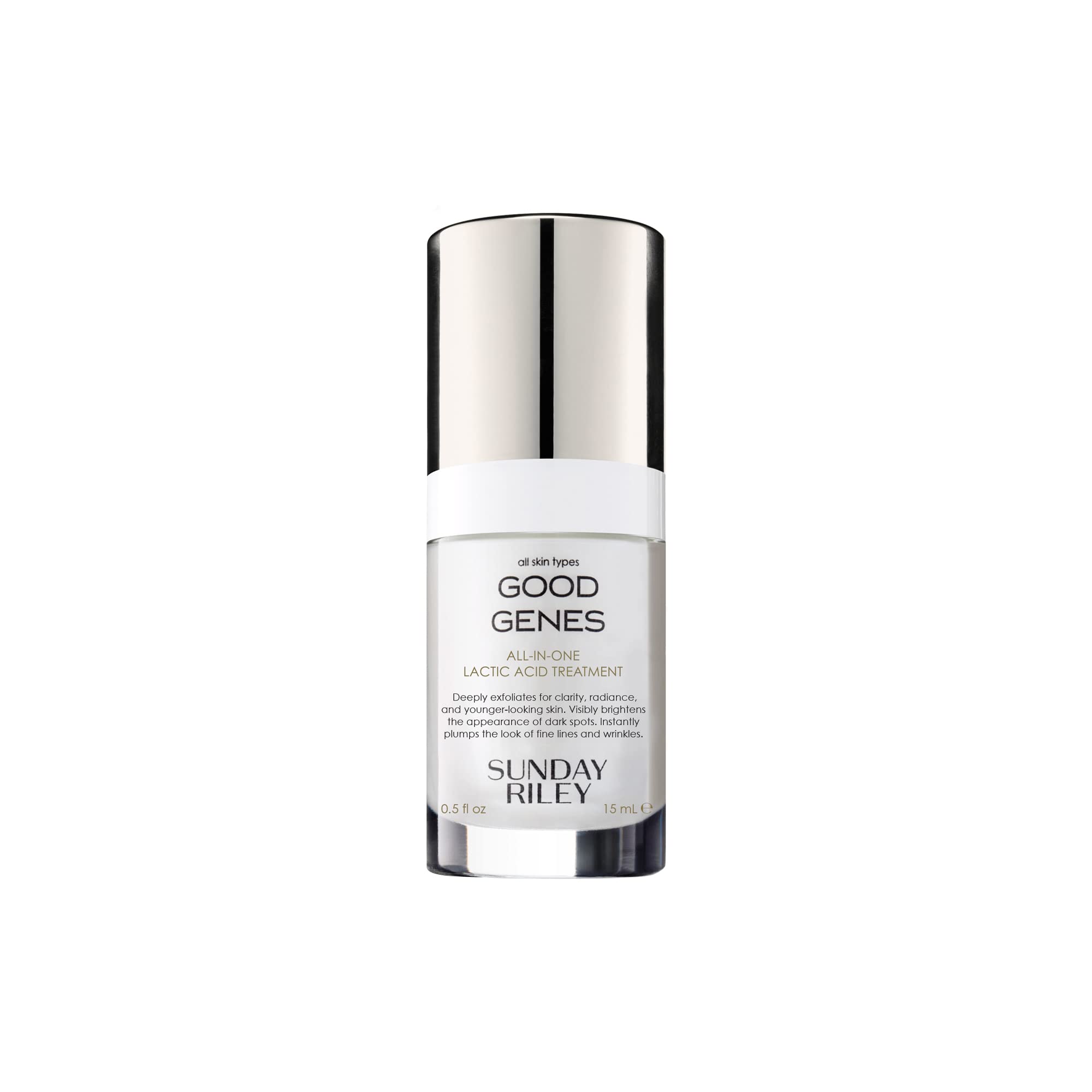 Sunday Riley Good Genes bottle close-up highlighting branding and lactic acid treatment for radiant skin.