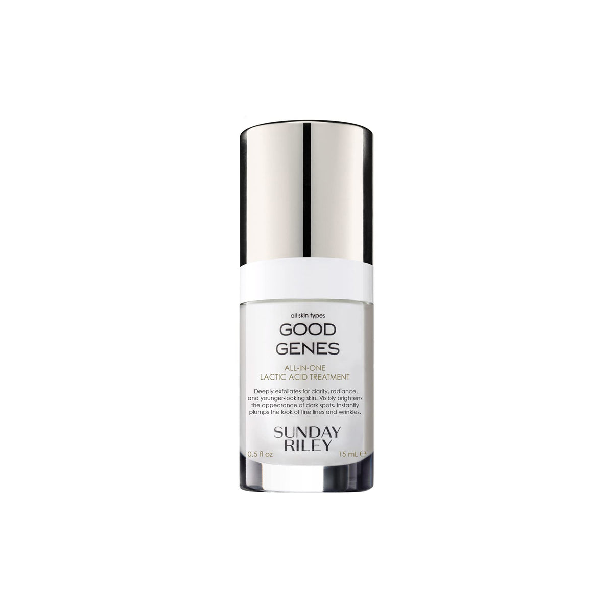 Sunday Riley Good Genes bottle close-up highlighting branding and lactic acid treatment for radiant skin.